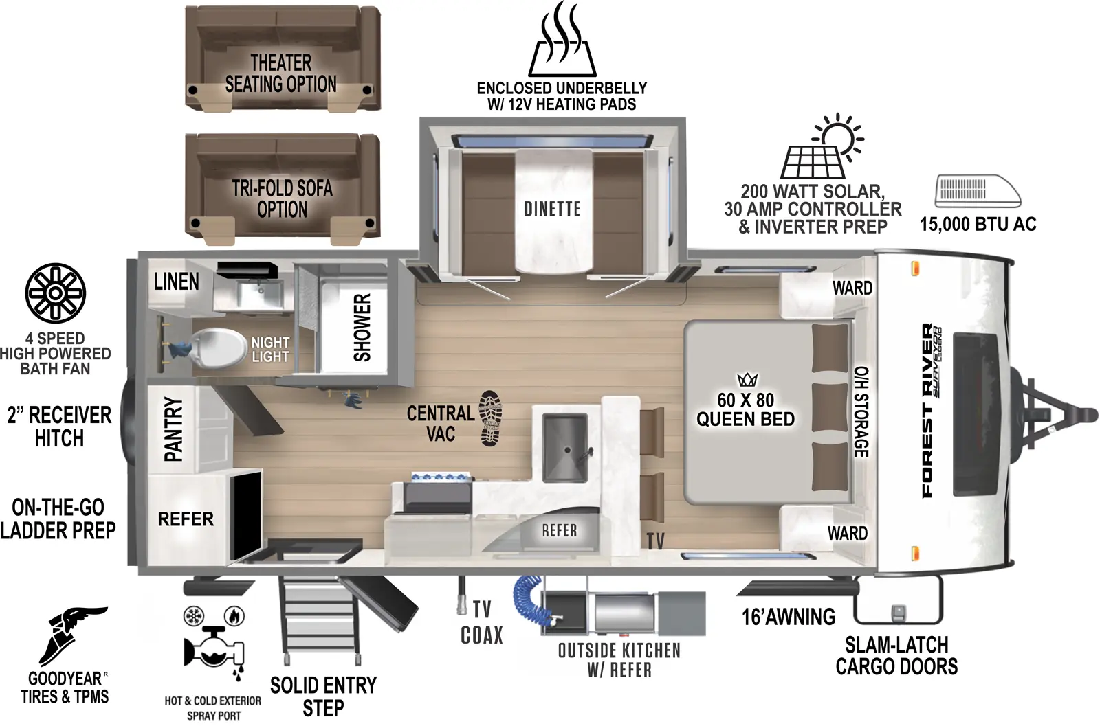 The Surveyor Legend 202RBLE has one entry and one slide out. Exterior features include: fiberglass exterior, 16' awning and outside kitchen. Interiors features include: front bedroom.